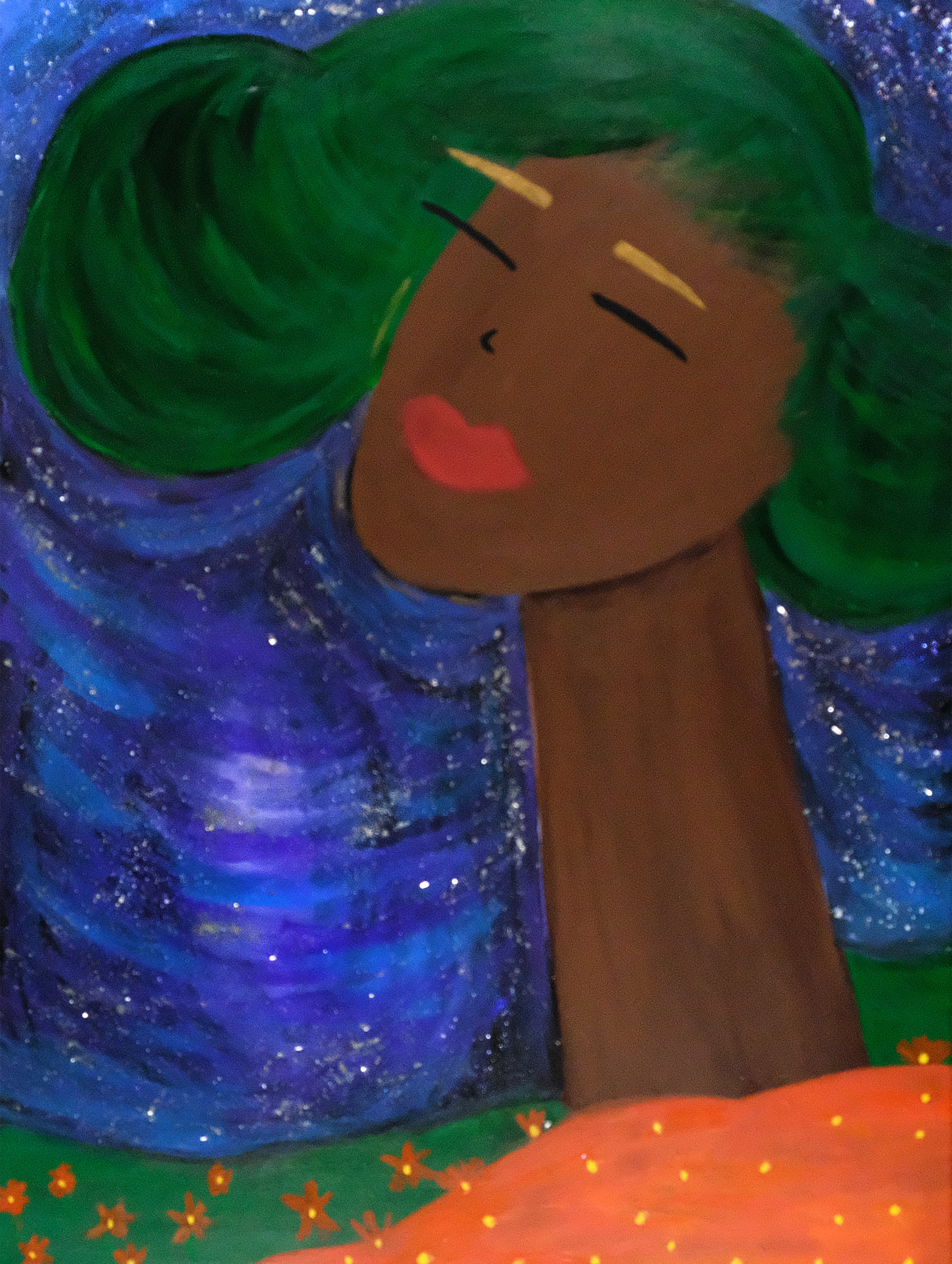 A painting of a Black person with a long neck and green hair. Their eyes are closed and they are looking up at the sky. They have bright red lips and are in front of a starry sky