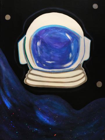 A painting of an astronaut helmet floats in front of a space like black background. 