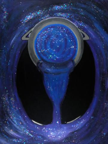A blue and black painting. In the center is a handled chalice, pouring sky into a large black hole.  All of it is surrounded by more starry blue sky.